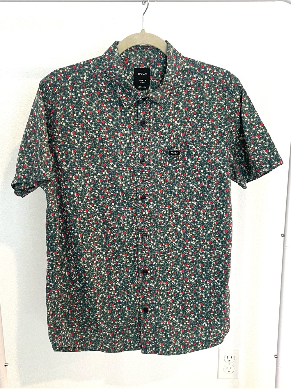 RVCA Green Floral Short-Sleeve Button-Up Shirt with Red & White Accents